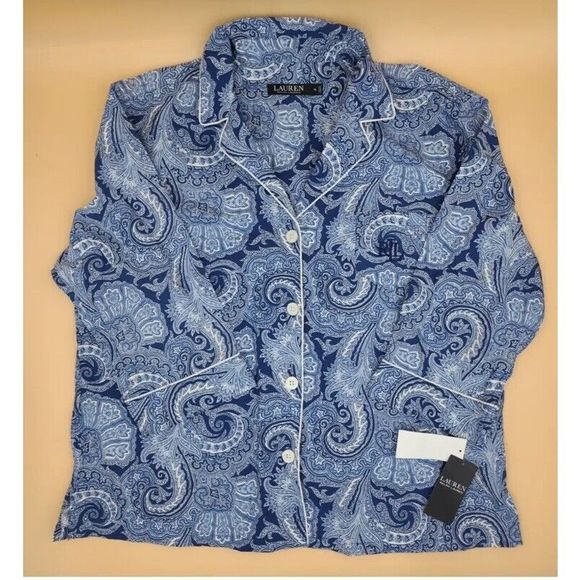 Lauren Ralph Lauren Women Sz XL Cotton Blend LS  2PC Pajama Set Blue Paisley NWT - Picture 7 of 10